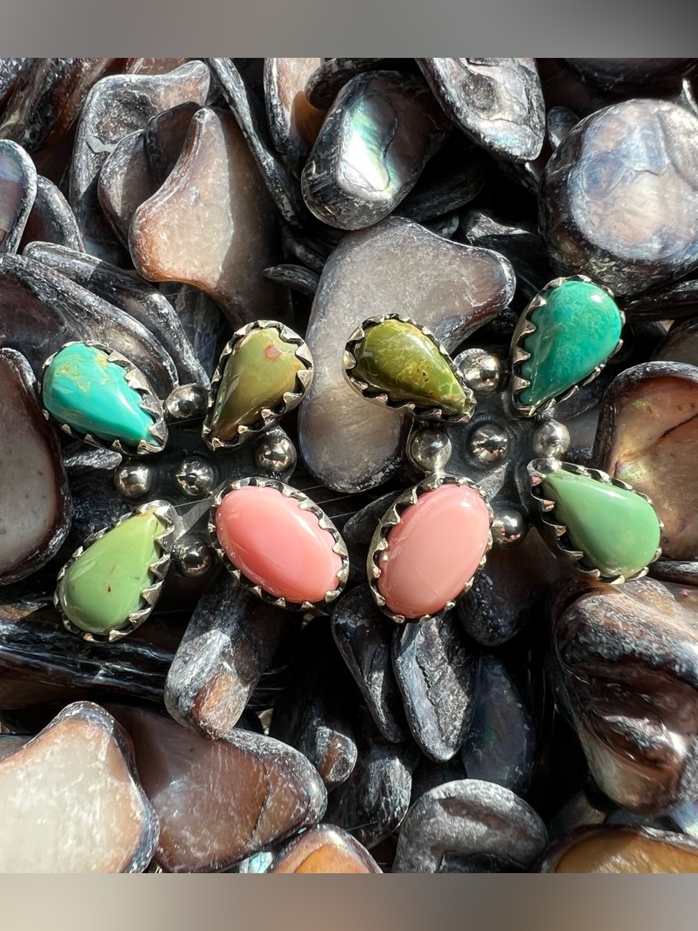 Sterling Silver Kingman Turquoise Queen Conch Cluster Earrings Southwestern